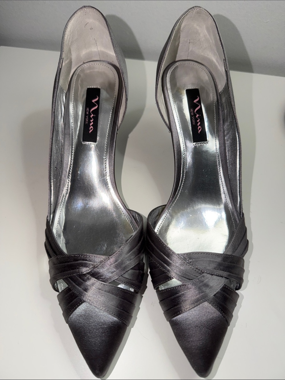 Nina Satin Pointed-Toe Pumps in Silver SZ 8.5